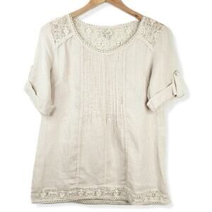 Lina Tomei Women Beige Linen Blouse Top S Crochet Lace Cottage Prairie Coastal